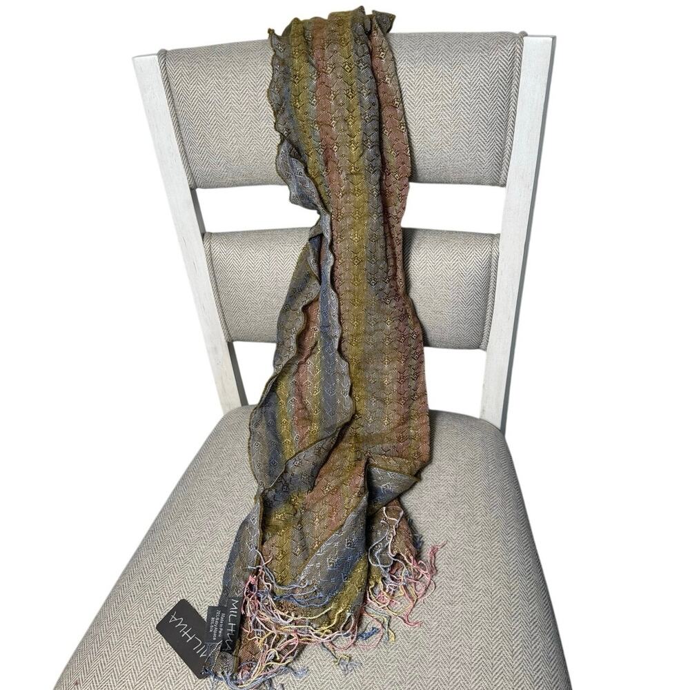 NWT MILHUA Peru 70% Baby Alpaca 30% Silk Woven Fringe Scarf Muted Tones 70x14